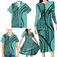 Samoa Siapo Arty Family Matching Long Sleeve Bodycon Dress and Hawaiian Shirt Turquoise Style LT9 - Wonder Print Shop