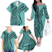 Samoa Siapo Arty Family Matching Off Shoulder Long Sleeve Dress and Hawaiian Shirt Turquoise Style - Wonder Print Shop
