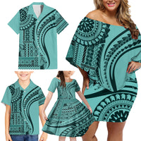 Samoa Siapo Arty Family Matching Off Shoulder Short Dress and Hawaiian Shirt Turquoise Style LT9 - Wonder Print Shop