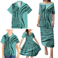 Samoa Siapo Arty Family Matching Puletasi Dress and Hawaiian Shirt Turquoise Style - Wonder Print Shop