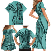 Samoa Siapo Arty Family Matching Short Sleeve Bodycon Dress and Hawaiian Shirt Turquoise Style - Wonder Print Shop