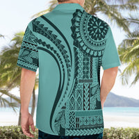 Turquoise Hawaiian shirt back view, black abstract pattern with curved stripe design
