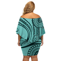 Samoa Siapo Arty Off Shoulder Short Dress Turquoise Style - Wonder Print Shop