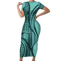 Samoa Siapo Arty Short Sleeve Bodycon Dress Turquoise Style - Wonder Print Shop