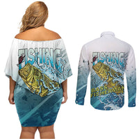 Bass Fishing Vintage Couples Matching Off Shoulder Short Dress and Long Sleeve Button Shirt - Wonder Print Shop