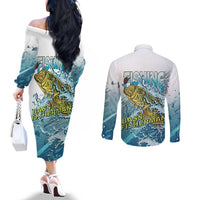 Bass Fishing Vintage Couples Matching Off The Shoulder Long Sleeve Dress and Long Sleeve Button Shirt - Wonder Print Shop