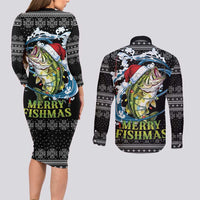 Funny Fishmas Bass Couples Matching Long Sleeve Bodycon Dress and Long Sleeve Button Shirt Fish Santa Hat Christmas Vibes - Wonder Print Shop