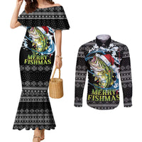 Funny Fishmas Bass Couples Matching Mermaid Dress and Long Sleeve Button Shirt Fish Santa Hat Christmas Vibes - Wonder Print Shop