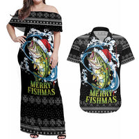 Funny Fishmas Bass Couples Matching Off Shoulder Maxi Dress and Hawaiian Shirt Fish Santa Hat Christmas Vibes - Wonder Print Shop