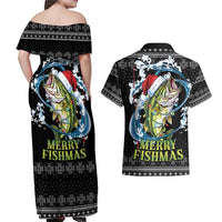 Funny Fishmas Bass Couples Matching Off Shoulder Maxi Dress and Hawaiian Shirt Fish Santa Hat Christmas Vibes - Wonder Print Shop