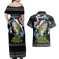Funny Fishmas Bass Couples Matching Off Shoulder Maxi Dress and Hawaiian Shirt Fish Santa Hat Christmas Vibes - Wonder Print Shop