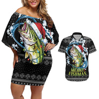 Funny Fishmas Bass Couples Matching Off Shoulder Short Dress and Hawaiian Shirt Fish Santa Hat Christmas Vibes - Wonder Print Shop