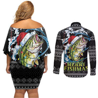 Funny Fishmas Bass Couples Matching Off Shoulder Short Dress and Long Sleeve Button Shirt Fish Santa Hat Christmas Vibes - Wonder Print Shop