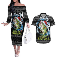 Funny Fishmas Bass Couples Matching Off The Shoulder Long Sleeve Dress and Hawaiian Shirt Fish Santa Hat Christmas Vibes - Wonder Print Shop