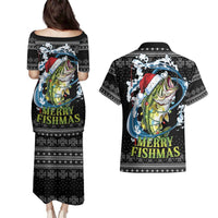 Funny Fishmas Bass Couples Matching Puletasi and Hawaiian Shirt Fish Santa Hat Christmas Vibes - Wonder Print Shop