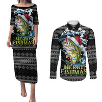 Funny Fishmas Bass Couples Matching Puletasi and Long Sleeve Button Shirt Fish Santa Hat Christmas Vibes - Wonder Print Shop