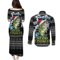 Funny Fishmas Bass Couples Matching Puletasi and Long Sleeve Button Shirt Fish Santa Hat Christmas Vibes - Wonder Print Shop