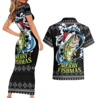 Funny Fishmas Bass Couples Matching Short Sleeve Bodycon Dress and Hawaiian Shirt Fish Santa Hat Christmas Vibes - Wonder Print Shop