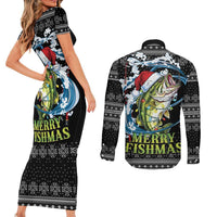 Funny Fishmas Bass Couples Matching Short Sleeve Bodycon Dress and Long Sleeve Button Shirt Fish Santa Hat Christmas Vibes - Wonder Print Shop