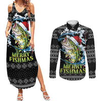 Funny Fishmas Bass Couples Matching Summer Maxi Dress and Long Sleeve Button Shirt Fish Santa Hat Christmas Vibes - Wonder Print Shop