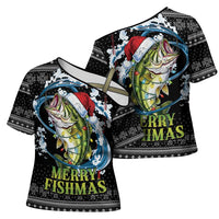 Funny Fishmas Bass Cross Shoulder Shirt Fish Santa Hat Christmas Vibes - Wonder Print Shop