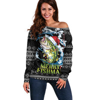Funny Fishmas Bass Off Shoulder Sweater Fish Santa Hat Christmas Vibes - Wonder Print Shop