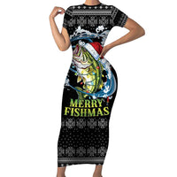 Funny Fishmas Bass Short Sleeve Bodycon Dress Fish Santa Hat Christmas Vibes - Wonder Print Shop