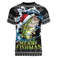 Funny Fishmas Bass Women V-Neck T-Shirt Fish Santa Hat Christmas Vibes - Wonder Print Shop