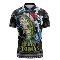 Funny Fishmas Bass Zipper Polo Shirt Fish Santa Hat Christmas Vibes - Wonder Print Shop
