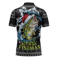 Funny Fishmas Bass Zipper Polo Shirt Fish Santa Hat Christmas Vibes - Wonder Print Shop