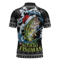 Funny Fishmas Bass Zipper Polo Shirt Fish Santa Hat Christmas Vibes - Wonder Print Shop