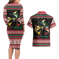 Funny Fishmas Bass Couples Matching Long Sleeve Bodycon Dress and Hawaiian Shirt Christmas Santa Hat Lights - Wonder Print Shop