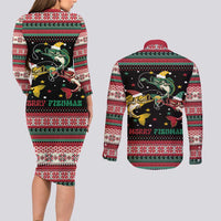 Funny Fishmas Bass Couples Matching Long Sleeve Bodycon Dress and Long Sleeve Button Shirt Christmas Santa Hat Lights - Wonder Print Shop