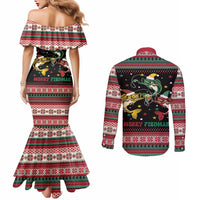 Funny Fishmas Bass Couples Matching Mermaid Dress and Long Sleeve Button Shirt Christmas Santa Hat Lights - Wonder Print Shop