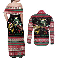 Funny Fishmas Bass Couples Matching Off Shoulder Maxi Dress and Long Sleeve Button Shirt Christmas Santa Hat Lights - Wonder Print Shop