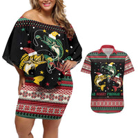Funny Fishmas Bass Couples Matching Off Shoulder Short Dress and Hawaiian Shirt Christmas Santa Hat Lights - Wonder Print Shop