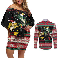 Funny Fishmas Bass Couples Matching Off Shoulder Short Dress and Long Sleeve Button Shirt Christmas Santa Hat Lights - Wonder Print Shop