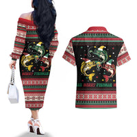 Funny Fishmas Bass Couples Matching Off The Shoulder Long Sleeve Dress and Hawaiian Shirt Christmas Santa Hat Lights - Wonder Print Shop