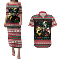 Funny Fishmas Bass Couples Matching Puletasi and Hawaiian Shirt Christmas Santa Hat Lights - Wonder Print Shop