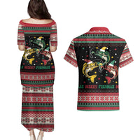 Funny Fishmas Bass Couples Matching Puletasi and Hawaiian Shirt Christmas Santa Hat Lights - Wonder Print Shop