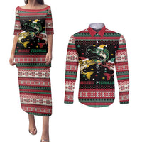 Funny Fishmas Bass Couples Matching Puletasi and Long Sleeve Button Shirt Christmas Santa Hat Lights - Wonder Print Shop