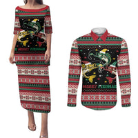 Funny Fishmas Bass Couples Matching Puletasi and Long Sleeve Button Shirt Christmas Santa Hat Lights - Wonder Print Shop
