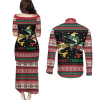 Funny Fishmas Bass Couples Matching Puletasi and Long Sleeve Button Shirt Christmas Santa Hat Lights - Wonder Print Shop