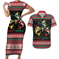 Funny Fishmas Bass Couples Matching Short Sleeve Bodycon Dress and Hawaiian Shirt Christmas Santa Hat Lights - Wonder Print Shop