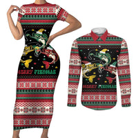 Funny Fishmas Bass Couples Matching Short Sleeve Bodycon Dress and Long Sleeve Button Shirt Christmas Santa Hat Lights - Wonder Print Shop