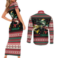 Funny Fishmas Bass Couples Matching Short Sleeve Bodycon Dress and Long Sleeve Button Shirt Christmas Santa Hat Lights - Wonder Print Shop