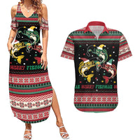 Funny Fishmas Bass Couples Matching Summer Maxi Dress and Hawaiian Shirt Christmas Santa Hat Lights - Wonder Print Shop
