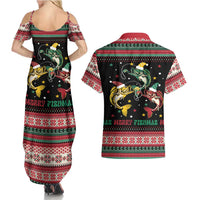Funny Fishmas Bass Couples Matching Summer Maxi Dress and Hawaiian Shirt Christmas Santa Hat Lights - Wonder Print Shop