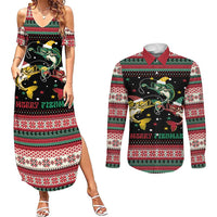 Funny Fishmas Bass Couples Matching Summer Maxi Dress and Long Sleeve Button Shirt Christmas Santa Hat Lights - Wonder Print Shop