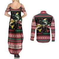 Funny Fishmas Bass Couples Matching Summer Maxi Dress and Long Sleeve Button Shirt Christmas Santa Hat Lights - Wonder Print Shop